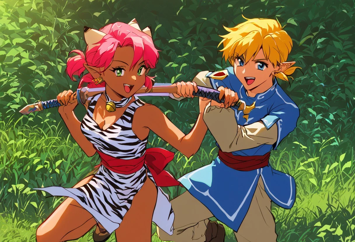 score_9, score_8_up, score_7_up, score_6_up, Masterpiece, source_anime screenshot, duo, 1 girl, 1 boy, vivid colors, retro anime style, high-res, beautiful aesthetic, very intricate, high-quality details, vibrant, highly detailed, award-winning, professional, <lora:pink-ponyxl-v2:1>, open mouth smile, single fang showing, sleeveless dress, white tiger print dress, pelvic curtain, cleavage, white cat ears, cat bell necklace, bright pink hair, tanned, white tiger tail, red sash, small breasts, leather shoes, detailed eyes, green eyes, detailed face, BREAK score_9, score_8_up, score_7_up, score_6_up, Masterpiece, source_anime, 1 girl, 1 boy, vivid colors, anime style, high-res, beautiful aesthetic, very intricate, high-quality details, vibrant, highly detailed, award-winning, professional, <lora:link:0.8> link1, link, soft smile, pointy ears, blonde hair, blue eyes, medium hair, side locks, earrings, short ponytail, blue hylian tunic
Break
Under a thick forest canopy, <lora:sword-guard-stance-ponyxl-lora-nochekaiser:1>, sword guard stance, sword, weapon, duo, katana, holding, pink and link holding weapon, holding sword, looking at viewer,