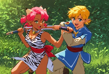 score_9, score_8_up, score_7_up, score_6_up, Masterpiece, source_anime screenshot, duo, 1 girl, 1 boy, vivid colors, retro anime style, high-res, beautiful aesthetic, very intricate, high-quality details, vibrant, highly detailed, award-winning, professional, <lora:pink-ponyxl-v2:1>, open mouth smile, single fang showing, sleeveless dress, white tiger print dress, pelvic curtain, cleavage, white cat ears, cat bell necklace, bright pink hair, tanned, white tiger tail, red sash, small breasts, leather shoes, detailed eyes, green eyes, detailed face, BREAK score_9, score_8_up, score_7_up, score_6_up, Masterpiece, source_anime, 1 girl, 1 boy, vivid colors, anime style, high-res, beautiful aesthetic, very intricate, high-quality details, vibrant, highly detailed, award-winning, professional, <lora:link:0.8> link1, link, soft smile, pointy ears, blonde hair, blue eyes, medium hair, side locks, earrings, short ponytail, blue hylian tunic
Break
Under a thick forest canopy, <lora:sword-guard-stance-ponyxl-lora-nochekaiser:1>, sword guard stance, sword, weapon, duo, katana, holding, pink and link holding weapon, holding sword, looking at viewer,