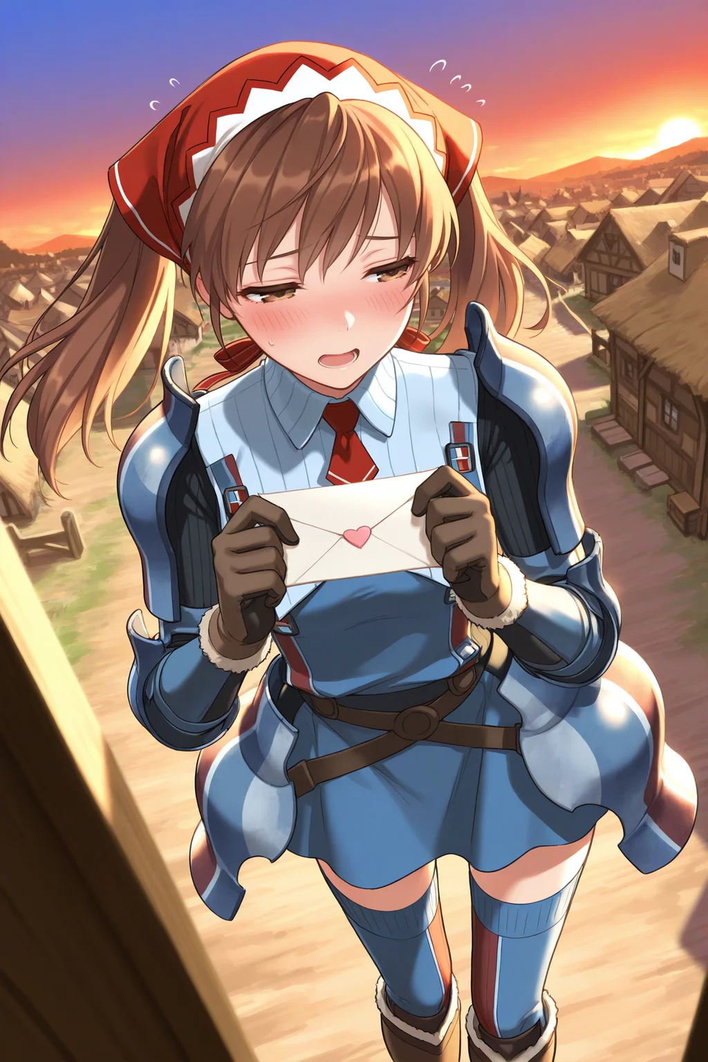 masterpiece, best quality, 1girl, solo, <lora:vcalicia-illu-nvwls-v1-000006:1> vcalc, twintails, brown hair, long hair, brown eyes, red headscarf, blue armor, striped armor, shoulder armor, collared shirt, ribbed shirt, red necktie, short necktie, brown gloves, blue skirt, blue thighhighs, red striped thighhighs, brown boots, holding love letter, looking to the side, open mouth, blush, flying sweatdrops, embarrassed, half-closed eyes, village, sunset