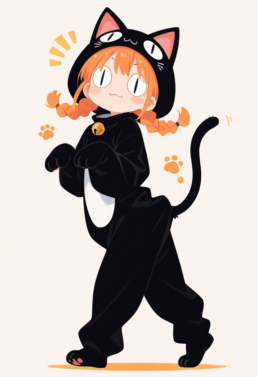 1 girl , cat disguise , paw ,:3 , <|> <|>, dance , orange hair , twin braid , 
masterpiece, best quality ,amazing quality ,haiz_ai , no lineart ,no outline, vfaix,