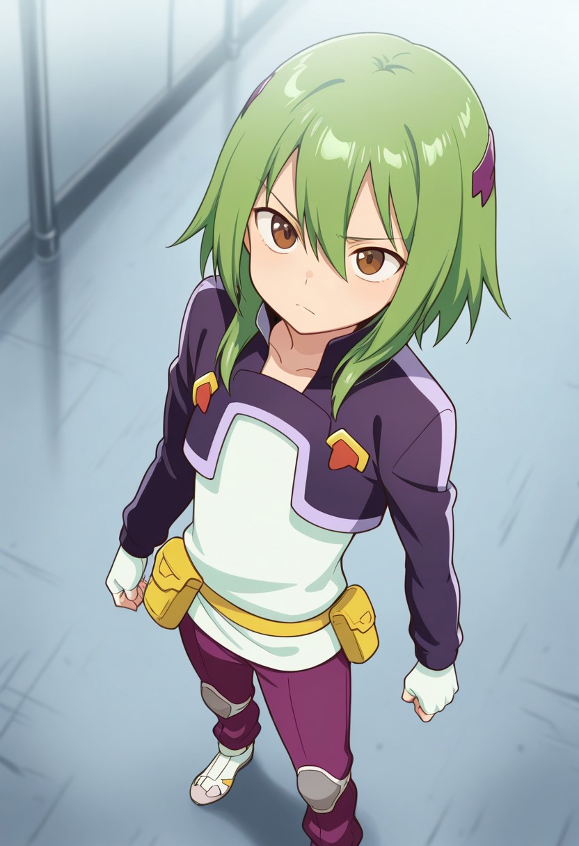 masterpiece,best quality,amazing quality, source_anime, 
FutabaTsukasa, 1boy, male focus, solo, brown eyes, green hair, hairband, collarbone, white shirt, purple jacket, cropped jacket, long sleeves, white gloves, fingerless gloves, yellow belt, belt pouch, pants, purple pants, shoes, white footwear,