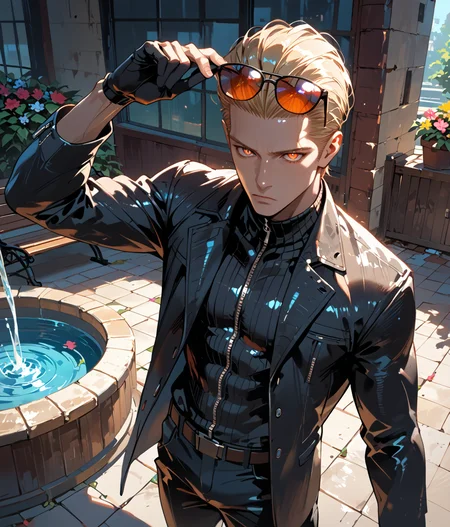 PonyScores7, source_anime, ah1
BREAK <lora:albertwesker-guy-PONYv1:0.8> albertwesker, albert wesker, 1boy, blonde, black gloves, (sunglasses:1.3), belt, black coat, black pants, looking at viewer, toned, athletic, fit, slicked back hair, black turtleneck, zipper, mature male, short hair, black boots, (leaning against a wall with one arm raised above the head,), (convent Garden, Peaceful outdoor space with winding gravel paths, manicured flower beds, a serene fountain at the center, wooden benches for contemplation, and the distant sound of birdsong), (Amused expression), (focused, intense glare), (reddish orange eyes, slit pupils), (angular face, sharp_featured face), handsome, charming, alluring
BREAK <lora:xl_more_art-full_v1:0.2>, <lora:shinyskin2:0.2> glistening skin, <lora:aesthetic_anime_v1s:0.2>, <lora:Expressive_H:0.2> Expressiveh, <lora:hairdetailpxl:0.2> hairdetailpxl, <lora:EpicF4nta5yXL:0.2>, <lora:detailxl:0.2> detailxl, <lora:Fant5yP0ny:0.2>, best quality, amazing quality, best aesthetic, absurdres, <lora:expressive eyes:0.2> expressive eyes, <lora:eyedetailpxl:0.2> eyedetailpxl, illustration, Volumetric_Lighting, ultra-detailed, very aesthetic, intricate details, 8k, masterpiece, best_quality
BREAK (Eye-level angle view medium Close shot, focus on head)
BREAK <lora:Eyes_High_Definition:0.3> EyesHD, Stable_Yogis_PDXL_Positives, AS-Adult, <lora:Complicated fantasy portrait - XL Pony V2.0:0.4>, bad-hands-5, AS-MidAged, <lora:HDA_Detailer:0.2>,