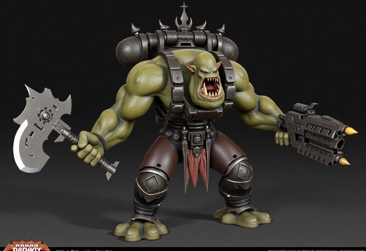 Score_9_up, absurdres, source: GamesWorkshop, grimdark, gothic horror, Warhammer 40000, a snarling ork is waving an axe in one hand and firing a machinegun in the other, lifelike, hyperrealism, perfect hands, perfect anatomy, project unreal engine