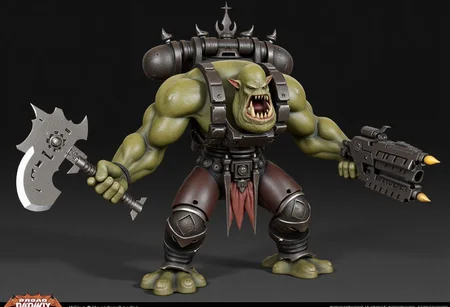 Score_9_up, absurdres, source: GamesWorkshop, grimdark, gothic horror, Warhammer 40000, a snarling ork is waving an axe in one hand and firing a machinegun in the other, lifelike, hyperrealism, perfect hands, perfect anatomy, project unreal engine
