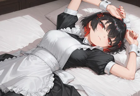 masterpiece, best quality, amazing quality, virtual youtuber, 1girl, solo, red eyes, black hair, maid headdress, lying, maid, colored inner hair, short sleeves, looking at viewer, mole under eye, multicolored hair, red nails, dress, red hair, on back, black dress, mole, apron, breasts, nail polish, short hair, closed mouth, puffy short sleeves, wrist cuffs, puffy sleeves, blush, maid apron, hair ornament, arm up, two-tone hair, white apron, frills, kaedeko, void0sty