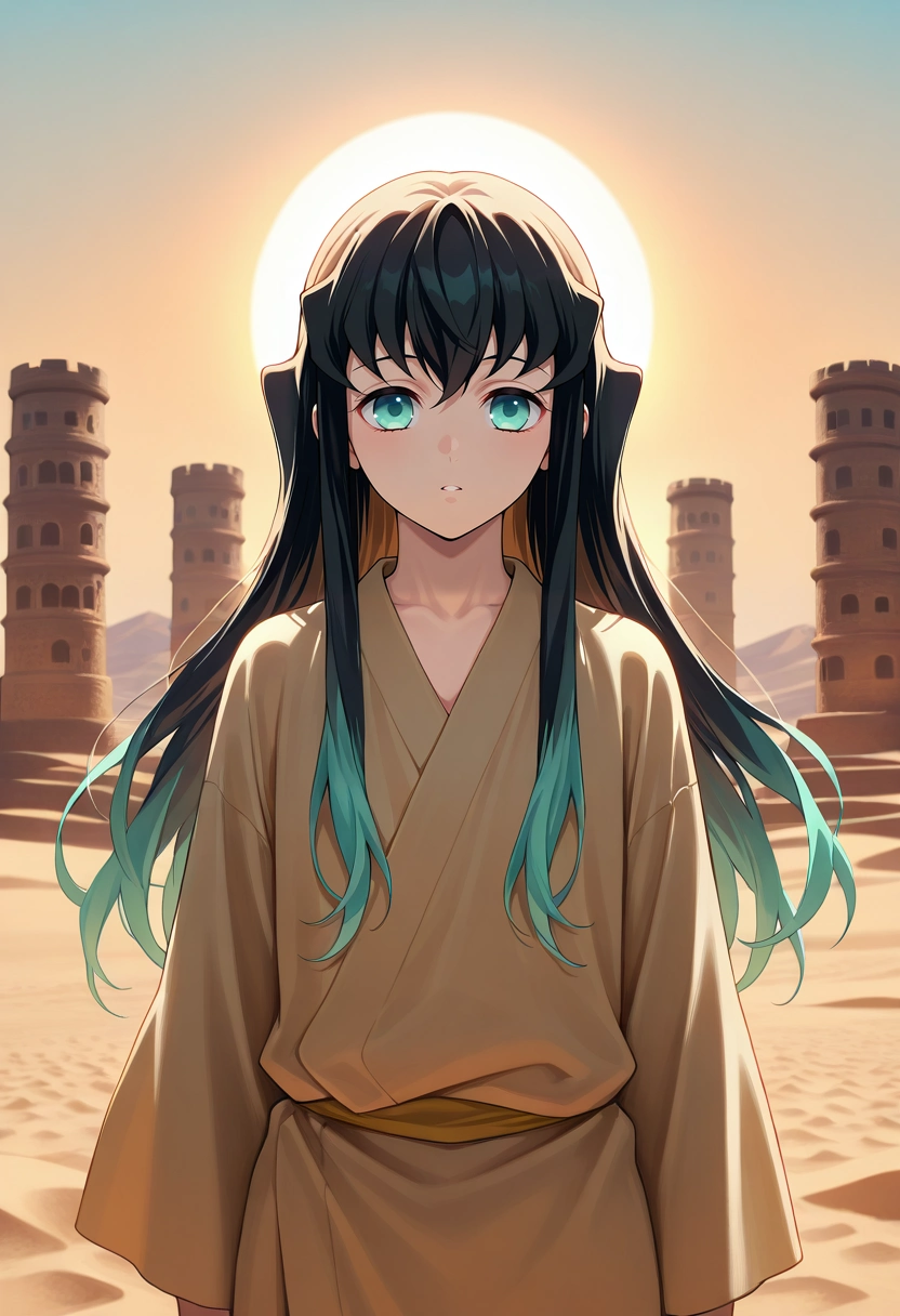 masterpiece, best quality, , (photorealistic:0.6), , , 1boy, solo, male focus, <lora:muichirou_tokitou_ilxl:0.92>, muichirou_tokitou, black hair, aqua eyes, long hair, bangs, hair between eyes, sidelocks, multicolored hair, two-tone hair, gradient hair, aqua hair, desert palace, sand towers, sun courts, wind gardens, noble pose, regal expression, golden hour,