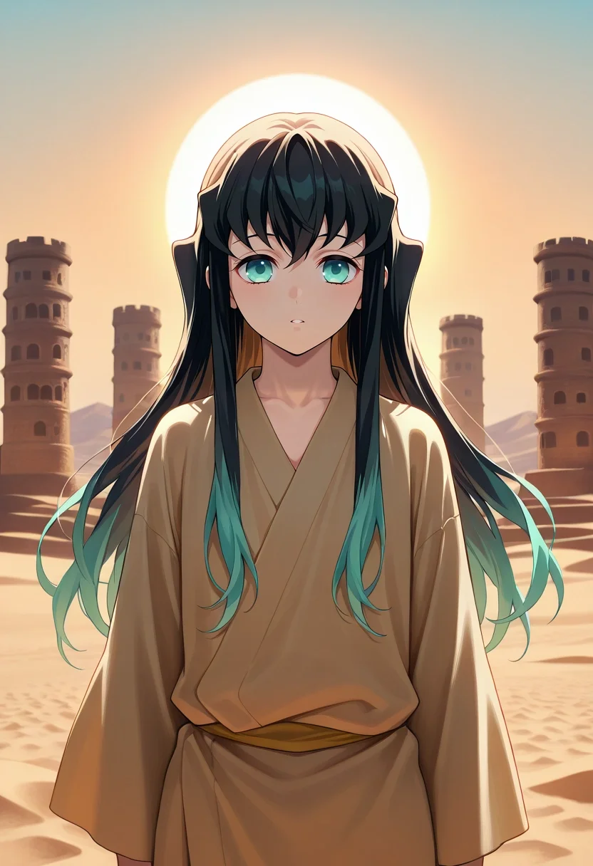 masterpiece, best quality, , (photorealistic:0.6), , , 1boy, solo, male focus, <lora:muichirou_tokitou_ilxl:0.92>, muichirou_tokitou, black hair, aqua eyes, long hair, bangs, hair between eyes, sidelocks, multicolored hair, two-tone hair, gradient hair, aqua hair, desert palace, sand towers, sun courts, wind gardens, noble pose, regal expression, golden hour,