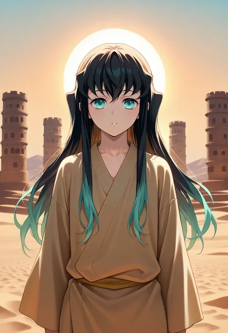 masterpiece, best quality, , (photorealistic:0.6), , , 1boy, solo, male focus, <lora:muichirou_tokitou_ilxl:0.92>, muichirou_tokitou, black hair, aqua eyes, long hair, bangs, hair between eyes, sidelocks, multicolored hair, two-tone hair, gradient hair, aqua hair, desert palace, sand towers, sun courts, wind gardens, noble pose, regal expression, golden hour,