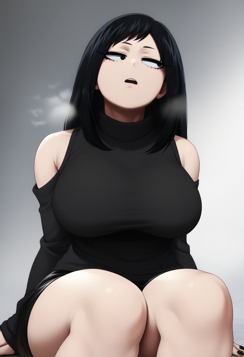 <lora:jlullaby-guy-PONY-DORAv1:1>, jluby, score_9, score_7_up, anime, 1girl, solo, single person, Ryoko Tatsuma, black hair, black sweater, mature woman, uninterested, bored, eyes half open, half opened eyes, sexy, beautiful, goth, long hair, long silky hair, cold, bangs, black nails, black eyes, black eyelids, looking away. Upper body, head focus, female focus, black shorts, thighs, highlight skin, highlight clothes, highlight hair, mouth open, sitting, dynamic pose, dynamic pose,  looking at viewer, close
Up, dynamic background, destroyed city, close up, nighttime, cold lighting, rotated camera angle, big breasts, Kohei Horikoshi, My Hero Academia