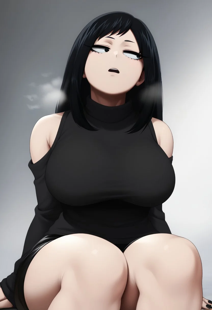 <lora:jlullaby-guy-PONY-DORAv1:1>, jluby, score_9, score_7_up, anime, 1girl, solo, single person, Ryoko Tatsuma, black hair, black sweater, mature woman, uninterested, bored, eyes half open, half opened eyes, sexy, beautiful, goth, long hair, long silky hair, cold, bangs, black nails, black eyes, black eyelids, looking away. Upper body, head focus, female focus, black shorts, thighs, highlight skin, highlight clothes, highlight hair, mouth open, sitting, dynamic pose, dynamic pose,  looking at viewer, close
Up, dynamic background, destroyed city, close up, nighttime, cold lighting, rotated camera angle, big breasts, Kohei Horikoshi, My Hero Academia