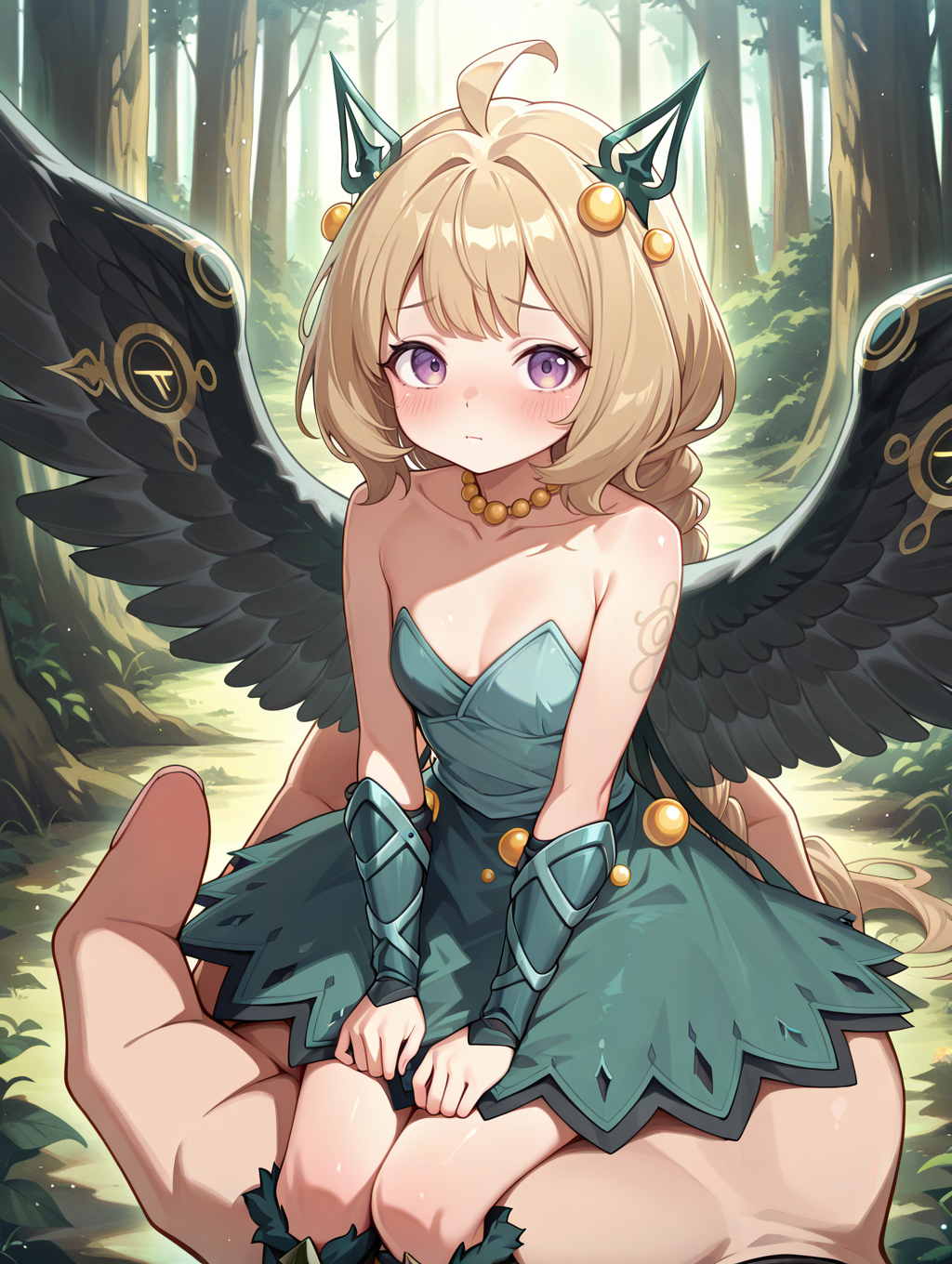 hugin the runick wings,1girl,green strapless dress,blush,,closed mouth,solo,looking at viewer,sitting on hand,green hair ornament,collarbone,green knee boots,minigirl,yellow necklace,green vambraces,sitting,size difference, forest
masterpiece,best quality,amazing quality,very aesthetic,absurdres,newest,<lora:Hugin the runick wings illuXL v1:0.75>,