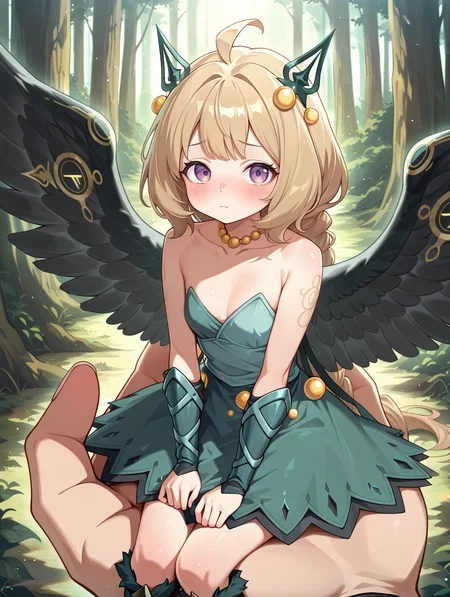 hugin the runick wings,1girl,green strapless dress,blush,,closed mouth,solo,looking at viewer,sitting on hand,green hair ornament,collarbone,green knee boots,minigirl,yellow necklace,green vambraces,sitting,size difference, forest
masterpiece,best quality,amazing quality,very aesthetic,absurdres,newest,<lora:Hugin the runick wings illuXL v1:0.75>,