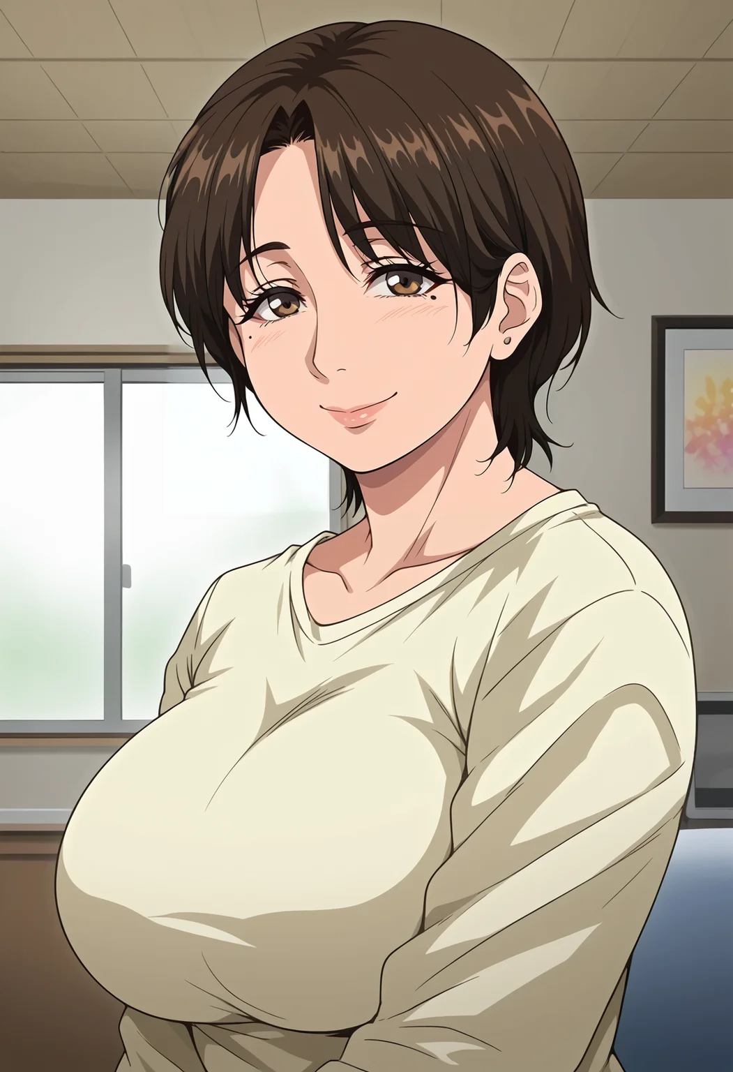 <lora:Saori-Konna_ni_Yasashiku_Sareta_no:0.8>,Saori,mature female,1girl,solo,brown hair,short hair,brown eyes,mole under eye,large breasts,shirt,upper body,looking at viewer,indoors,smile