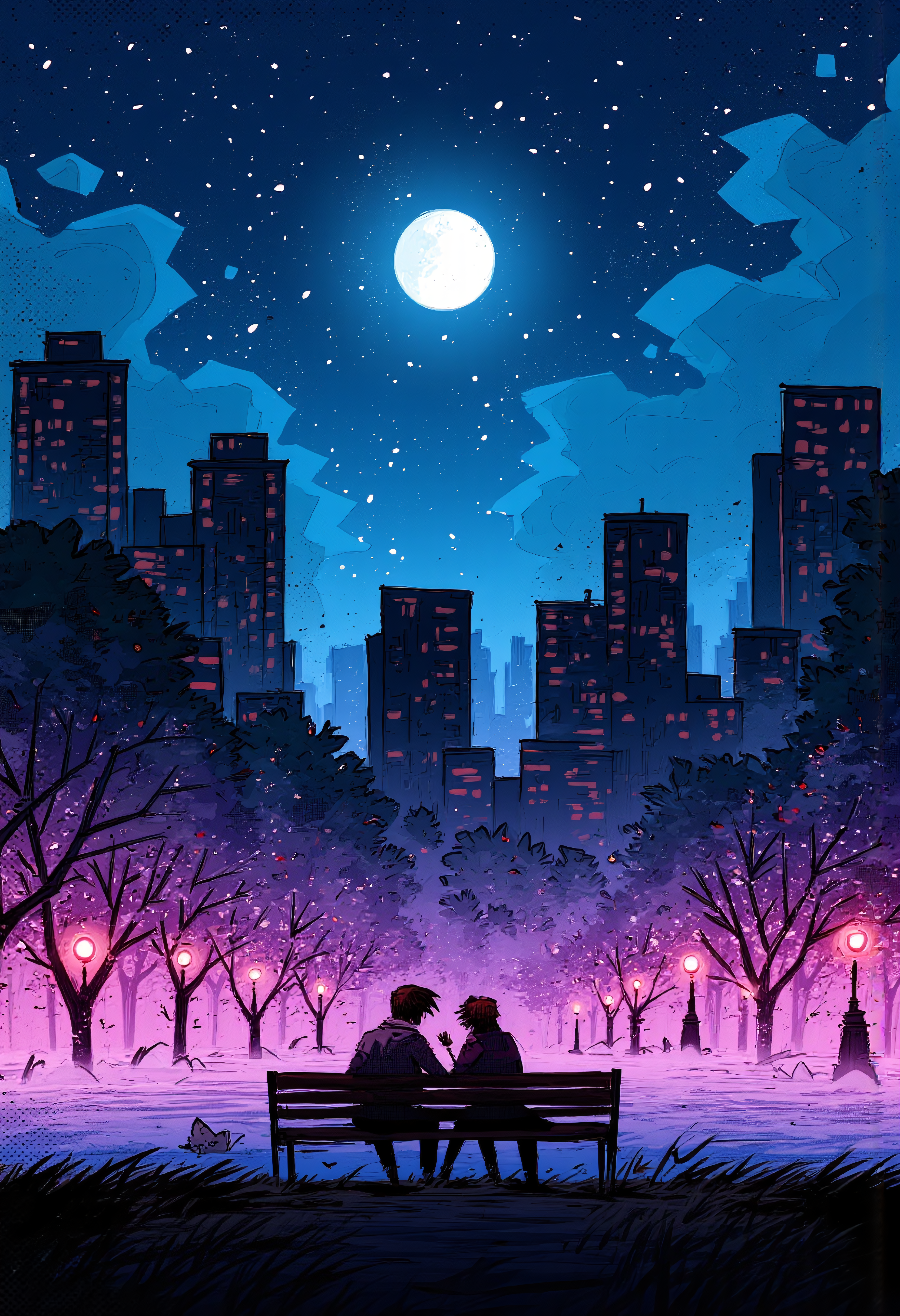 A couple sitting on a park bench in a city park in the streets of New York City, midnight hour, full moon, colorful scenery, romantic, starry sky, vibrant glow, By Alex Vede, illustration
