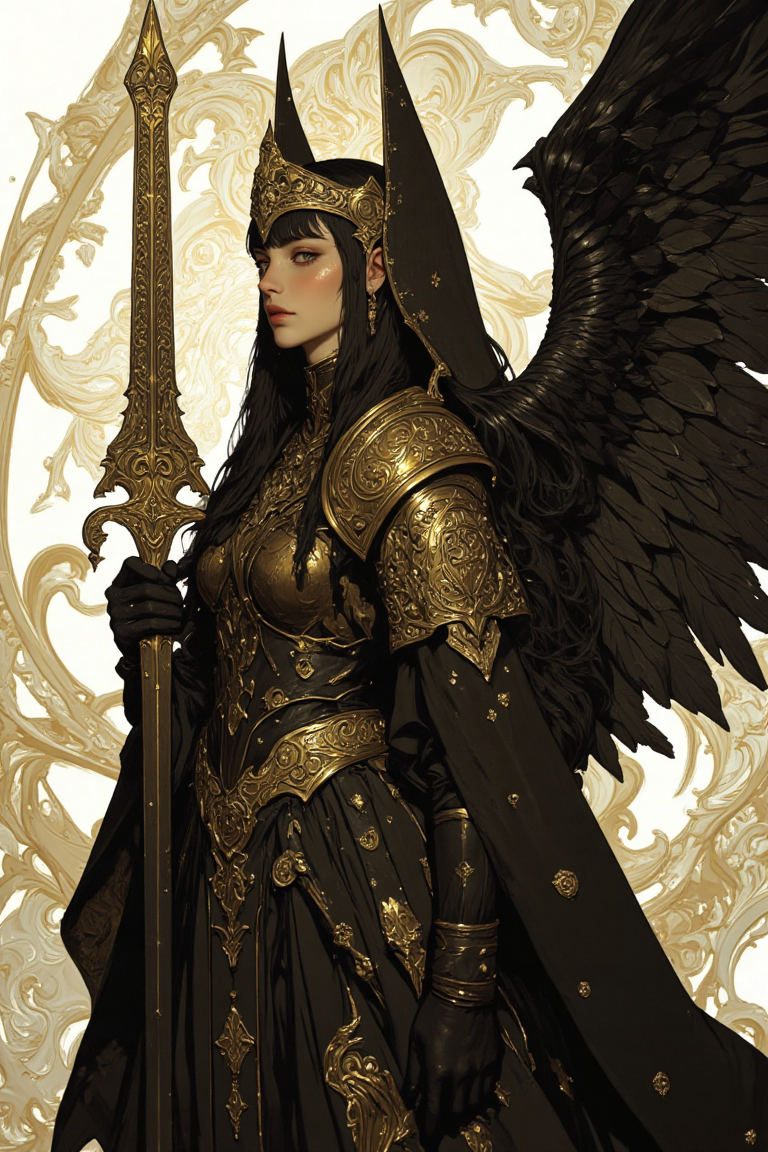 A digital illustration of avant-garde fashion photography in a long shot, featuring a striking female figure radiating an ethereal, otherworldly presence. She wears a flowing, black medieval robe adorned with intricate golden attachments, each crafted with delicate, ornate patterns reminiscent of regal craftsmanship. The golden shoulder plates curve gracefully over her form, while a waist chain with elegant filigree accents cinches the robe, and a breastplate with mesmerizing, intricate designs enhances her majestic aura. The robe is modest yet imposing, concealing her figure while exuding an air of authority and dignity. Her long, straight black hair cascades over her shoulders, framing her pale, flawless skin and drawing attention to her piercing, confident gaze. In her right hand, she wields a large, ornate sword with a dark, near-black blade etched with golden patterns, its hilt wrapped in shimmering golden cords. Large black feathered wings extend majestically from her back, adding to her angelic yet fearsome presence. The background is a celestial blend of white and gold, filled with abstract, swirling patterns that echo the intricate details of her armor, creating a harmonious yet dramatic atmosphere. HD, ultra-detailed, 8K quality, masterpiece artwork.