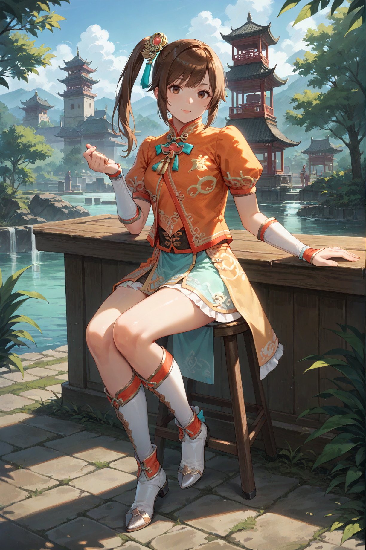 score_9, score_8_up, score_7_up, source_anime, masterpiece, A woman sitting on a stool with one leg bent, the other stretched out, leaning on one hand., <lora:Xiaoqiao_Dynasty_Warriors:0.8> 1girl, solo, brown hair, side ponytail, brown eyes, chinese clothes, skirt, hair ornament, short sleeves, long hair, boots, outdoors, looking at viewer