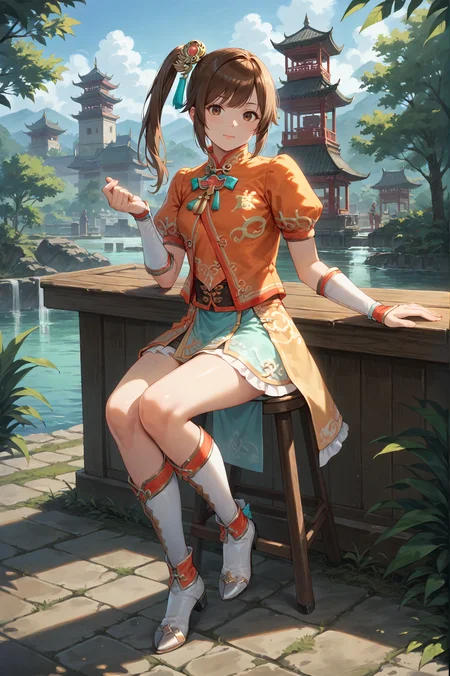 score_9, score_8_up, score_7_up, source_anime, masterpiece, A woman sitting on a stool with one leg bent, the other stretched out, leaning on one hand., <lora:Xiaoqiao_Dynasty_Warriors:0.8> 1girl, solo, brown hair, side ponytail, brown eyes, chinese clothes, skirt, hair ornament, short sleeves, long hair, boots, outdoors, looking at viewer