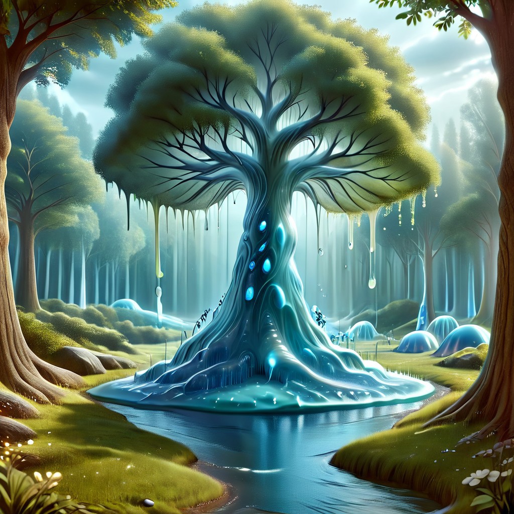 a tree made out of slime, dense-forest, Yggdrasil, a vast tree made out of slime, A large tree made out of slime, brown slime tree, translucent tree, transparent tree, trees made out of slime, 
everything made of slime, No simple background, ((slime tree)), detailed leaves, detailed bark texture, 
overcast sky, natural light, no bright spots, 
((translucent slime)), ((transparent slime)), (bioluminescent slime), sl1m3, slime, slime-morph, ais-blmn, saturated colors, no creatures, no monsters, no pokemon, scenery only, scenery, ral-lava, watce
