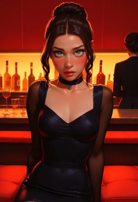 score_9, score_8_up, score_8_up, source_cartoon, solo_focus, stunningly beautiful girl, perfect face, cute, delicate features, skinny, elegant, makeup, semirealistic, pinup pose, stunningly beautiful green eyes, dark brown hair, princess braid, up bun, detailed irises, perfect eyes, female, 1girl, blush, lounge, jazz club, bar, nice black dress, slender, petite, at night time, cowboy shot, 3/4 view, sitting at bar, martini