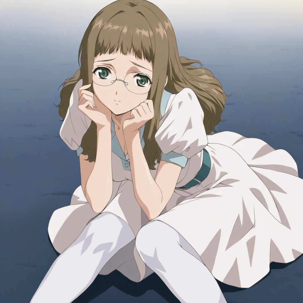 masterpiece,1girl,solo,looking at viewer,<lora:Rie_Ishida ag4o v1:1> rie_ishida, brown hair, long hair, green eyes, glasses,white dress,white pantyhose,