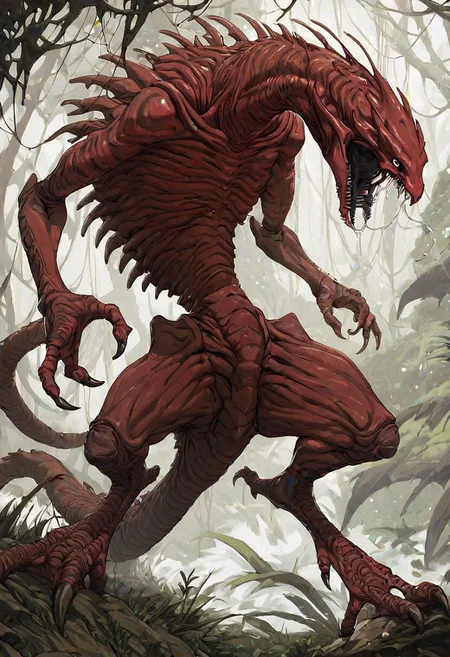 score_9, score_8_up, score_7_up, Expressiveh, oil painting, good shading, 1boy, solo, Alien, monstrous, huge black eyes, sharp fangs, claws, talons, spiky exoskeleton, huge black spikes, red skin, two toned skin, two toned exoskeleton, overflowing green saliva, huge lizard tail, exposed ribs, savage, nightmare theme, lush forest, tall trees, jungle, arched back:1.0, head tilted back:1.0, screaming at the sky:1.0, mouth unhinged open, arms clenched