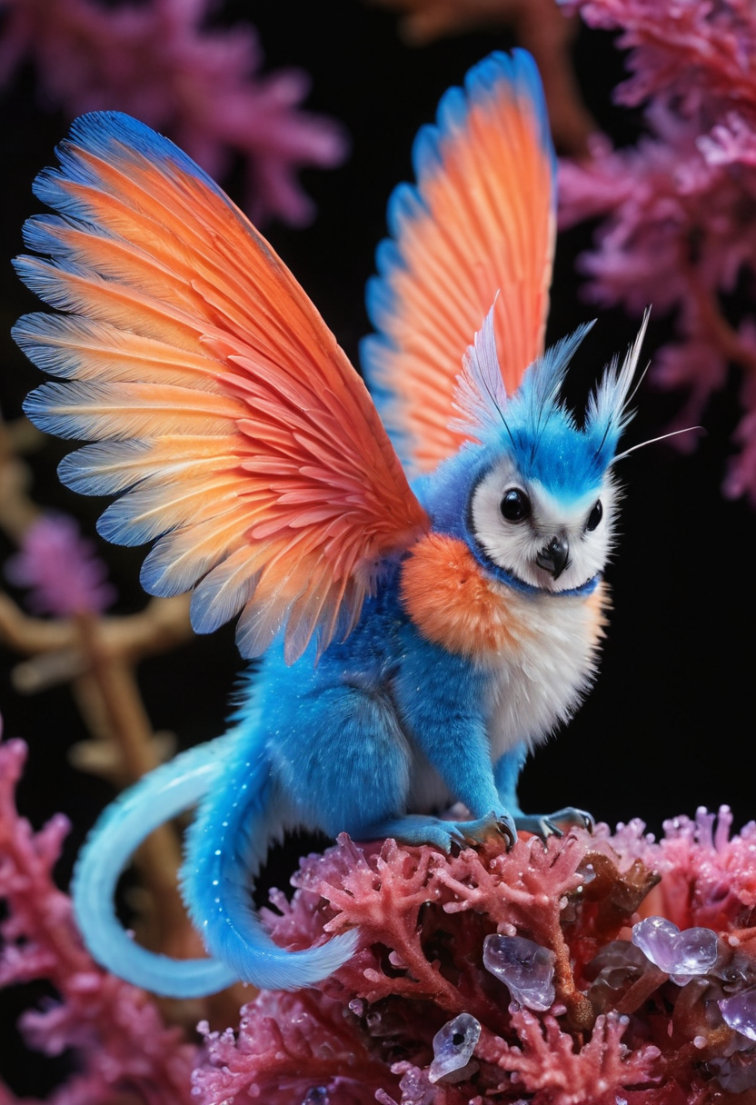 Creature,coral, biomimetic,serene,life form,elusive,tufted-tailed,fuzzy fur,colorful crystal wings,crystal,majestic