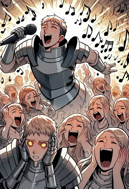 (score_9,score_8_up,score_7_up,best quality,masterpiece,beautiful eye),
laios thorden, laios original outfit, 1boy, armor, shoulder armor, pauldrons, yellow eyes, plate armor, gauntlets, vambraces,
bad singing,crowd,happy,grimace,hands on own ears,music,noisy musical note,crying,
multiple girls,screaming,closed eyes,blank_eyes,holding microphone,
city,
Mermaids,red hair,
character surrounded for girls, mermaids, girl mermaids