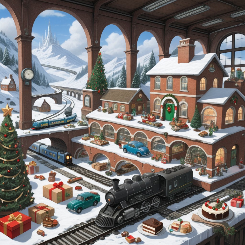 On the grownd in the livingroom [train station, bridge, window, science fiction, traditional media, motor vehicle, day, vehicle focus, road, gift, railway, christmas, food, cloud, box, cake, fireplace, plant, weapon, snow]