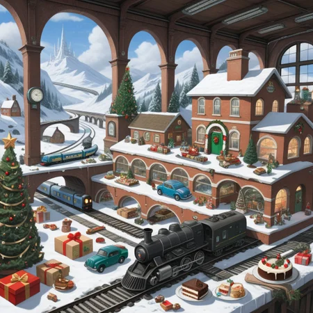 On the grownd in the livingroom [train station, bridge, window, science fiction, traditional media, motor vehicle, day, vehicle focus, road, gift, railway, christmas, food, cloud, box, cake, fireplace, plant, weapon, snow]