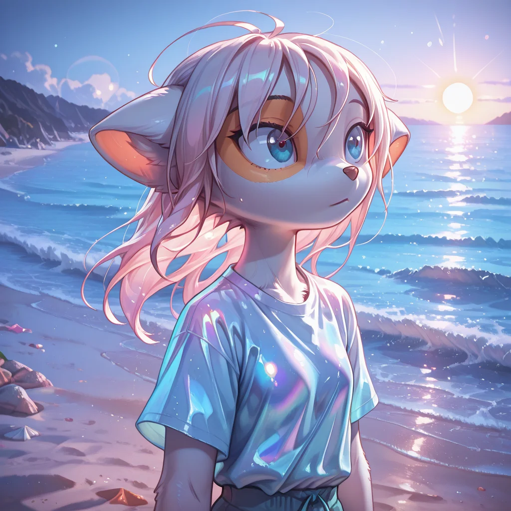 incredibly absurdres, highres, masterpiece, newest,
Dreamkeepers,paige, 1girl,solo,furry,beach,shirt,sun,hot weather,sea,outside,shore,
pastel colors, iridescent, blurry, soft_light,sunny,scenery, depth of field, bokeh, 
, <lora:Dreamkeepers_lora:0.8>