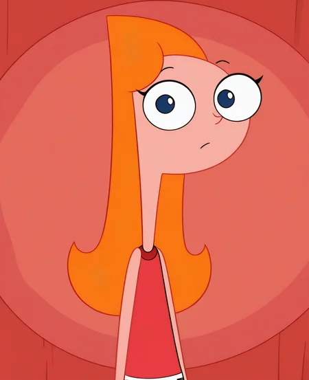 absurdres, highres, <lora:Candace_PF_ILLUS:1> , cd1, official style, official art, 1girl, orange hair, long hair, blue eyes, red shirt, sleeveless, looking at viewer,
