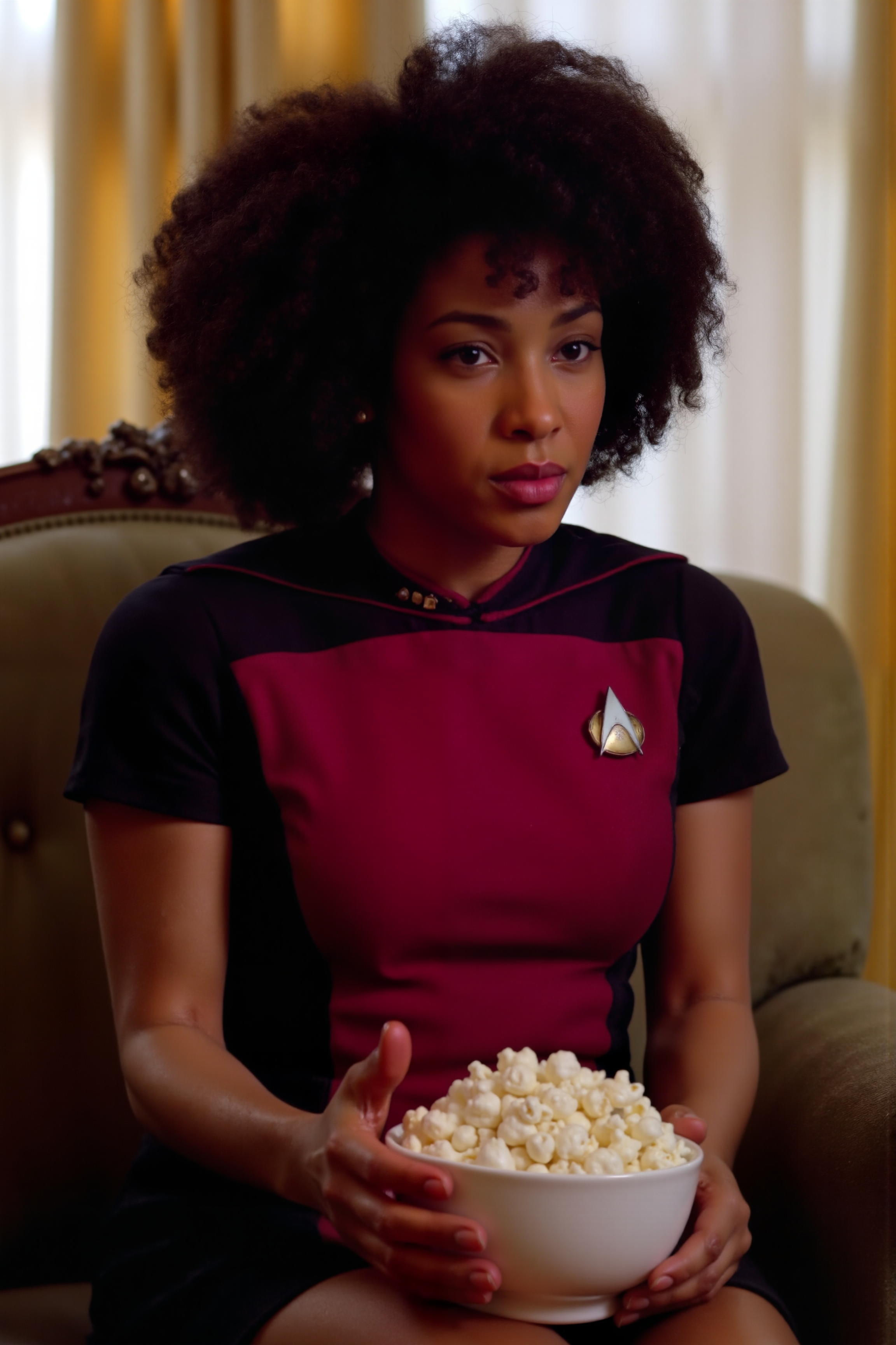 a high quality sharp photo still of stunning african woman with a big afro wearing red STSKNT short uniform with black shoulders and sides and with short sleeves sitting on a sofa with bowl of popcorn.<lora:ST_SKANT_FLUX><lora:aidmaMJ6.1-FLUX-V0.1:0.6><lora:Movie_Portrait><lora:Flux DetailerV2><lora:TNGS1_FLUX:0.3>