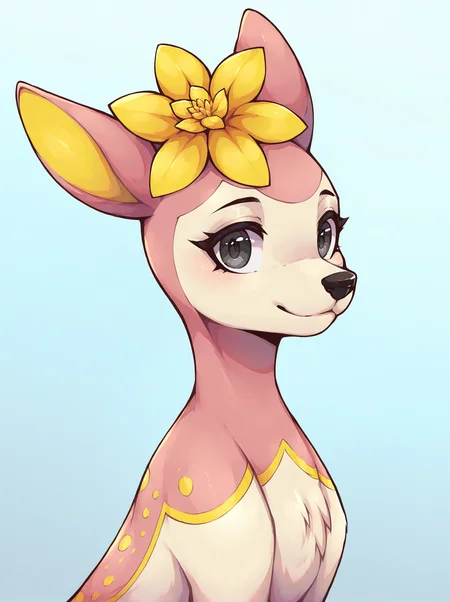 score_9, score_8_up, source_furry, Deerling (Pokemon), solo, flower on head, hair flower, grey eyes, yellow flower, <lora:Deerling_Pokemon:0.7>
