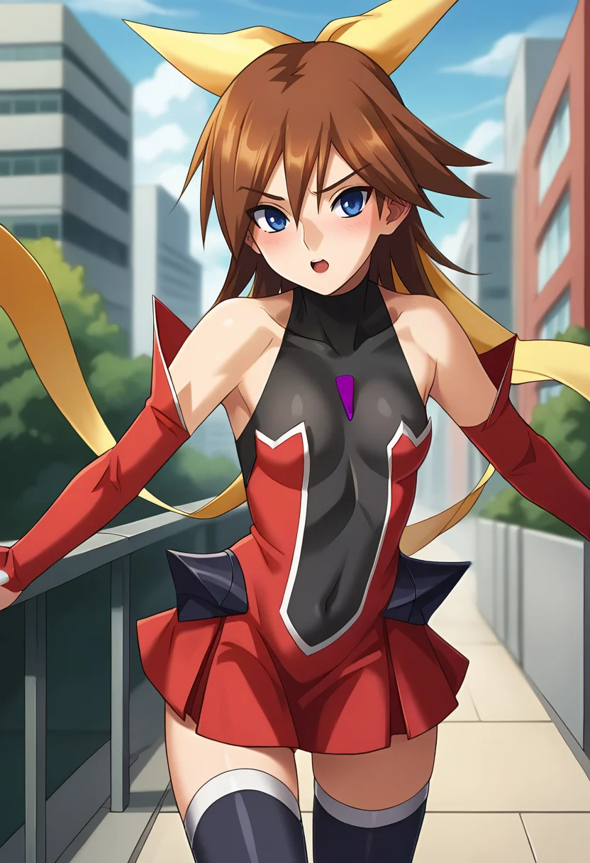 score_9, score_8_up, score_7_up, masterpiece, source_anime, 1girl, ct rin, medium hair, brown hair, blue eyes, hair ribbon, ribbon, leotard, covered navel, red miniskirt, skirt, black thighhighs, detached sleeves, outdoors, city, depth of field, looking at viewer, leaning forward, cowboy shot, <lora:Rin_Kagano_Pony_ct-000011:0.9>