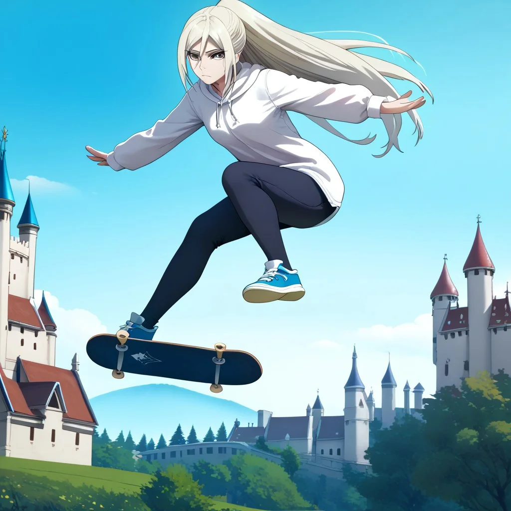 freebo_kickflip, high quality, absurdres, 4k res, masterpiece, skateboard, solo, jumping, air, source_anime, score_7_and_up, good hands, good eyes, 1girl, Elentzia_TR, pale blonde hair, ponytail, gray eyes, castle background, freebos_smoothiestyle