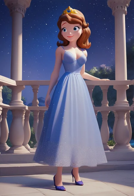 princess Sofia,brown hair,blue eyes,score_up_8, score_up_9, 1girl, solo, medium breasts, 18 years old, sky blue night gown,provocative, seducatuve smile, high heels, high quality, 8k,best quality, HD, masterpiece, in royal garden, nigh sky,starry night,