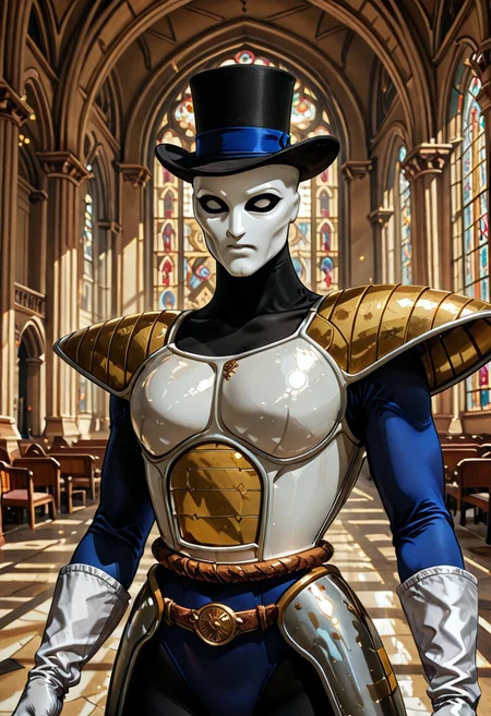 realism,
framing device, rule of third, negative space, detailed.
dynamic pose, foreshortening, extreme perspective
cinematic concept art of
1 adult man,
upper body focus, upper body zoom,
(The Phantom of the Opera style,), intricate white plain mask covers one side of the face,
dramatic lighting and shadows
wears blacktop hat,
wearing
white saiyan armor, shoulder pads, blue leotard,, white gloves,, white boots,, hip armor,, tailbelt,
facing the viewer,
backdrop is stained glass, church, arch,