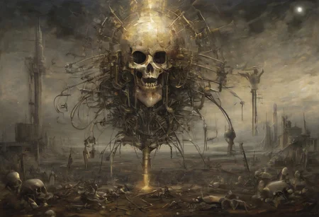 a painting that captures the essence of a poem:
(Fields where machine souls rust under the light of a dying star,
Veni, vidi, vici;
When heaviest is the crown of the deus ex machina, none dare come out to play;
Use caution when dealing with the fallible tenets of aegis' rimwalkers;
Cyborg religious sects pried loose with the coming of the new dawn;
I offer this advice in earnest, for soon we shall see many a truth uncovered;
What happens in the dark is destined to come to light, now and forever more...), detailxl,