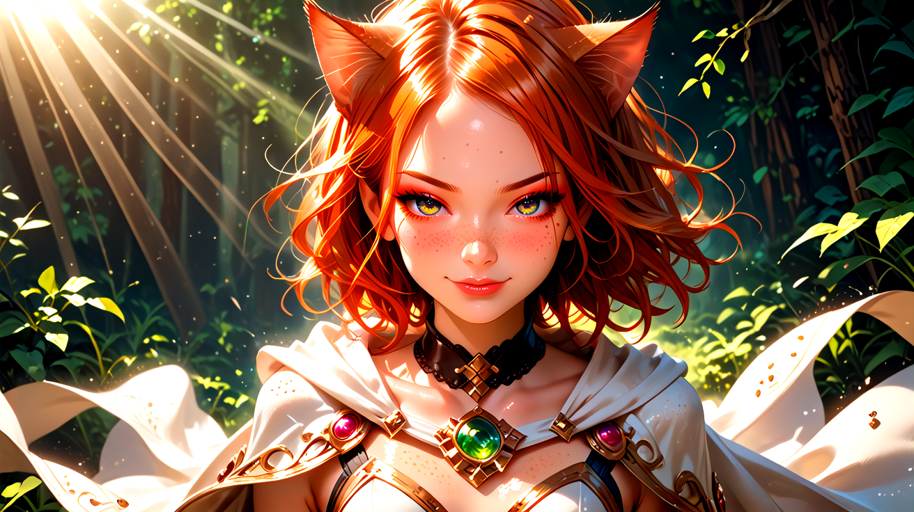 18 years old, 5 ft. tall (165 cm), and weighs 100 lbs. <lora:K1ttenPonyv2:0.6>, Kitten is a woman with long wind ginger hair pulled up, sparkling green eyes, freckles, and many body freckles. She also has ginger cat ears and tail. In her default Magician class, Kitten's outfit consists of a thin leotard with a wrap-around garment at the waist that forms a cape, along with a choker, gloves, and boots. She has a closed mouth smirk an d half-lidded eyes, 
1 girl, cute, (petite), sultry look, seductive, looking at viewer, <lora:DetailedEyes_V3:1>
(closeup:0.8), 
<lora:MythP0rtr4itStyle:0.4> mythp0rt, 
PonyScores7, 
glistening shiny skin, sexy,
naughty, (cleft of Venus:0.7),
epic beautiful lighting, god rays, light beams, volumetric lighting, rim lighting,
masterpiece, beautiful and detailed brightness, (goosebumps:0.5), subsurface scattering, ultra realistic, textured skin, visible skin detail, skin fuzz, cute, <lora:FaeStyle:0.8>