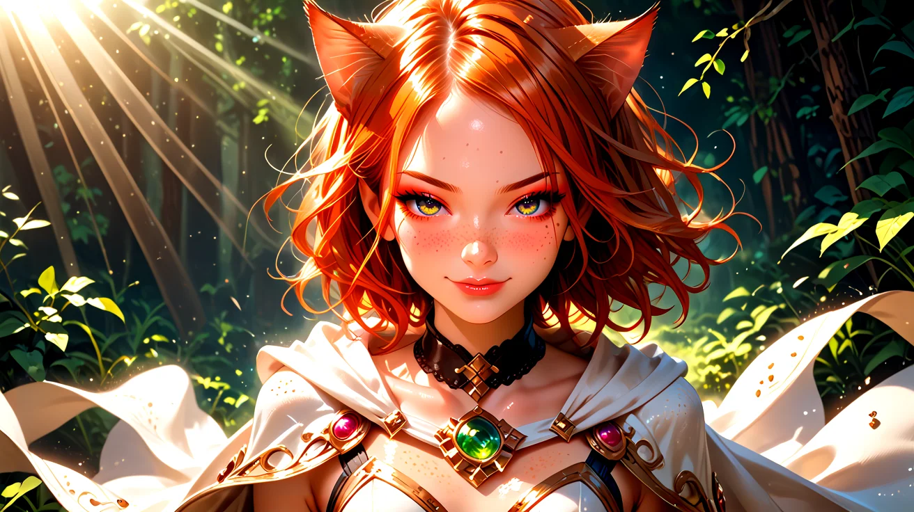 18 years old, 5 ft. tall (165 cm), and weighs 100 lbs. <lora:K1ttenPonyv2:0.6>, Kitten is a woman with long wind ginger hair pulled up, sparkling green eyes, freckles, and many body freckles. She also has ginger cat ears and tail. In her default Magician class, Kitten's outfit consists of a thin leotard with a wrap-around garment at the waist that forms a cape, along with a choker, gloves, and boots. She has a closed mouth smirk an d half-lidded eyes,
1 girl, cute, (petite), sultry look, seductive, looking at viewer, <lora:DetailedEyes_V3:1>
(closeup:0.8),
<lora:MythP0rtr4itStyle:0.4> mythp0rt,
PonyScores7,
glistening shiny skin, sexy,
naughty, (cleft of Venus:0.7),
epic beautiful lighting, god rays, light beams, volumetric lighting, rim lighting,
masterpiece, beautiful and detailed brightness, (goosebumps:0.5), subsurface scattering, ultra realistic, textured skin, visible skin detail, skin fuzz, cute, <lora:FaeStyle:0.8>