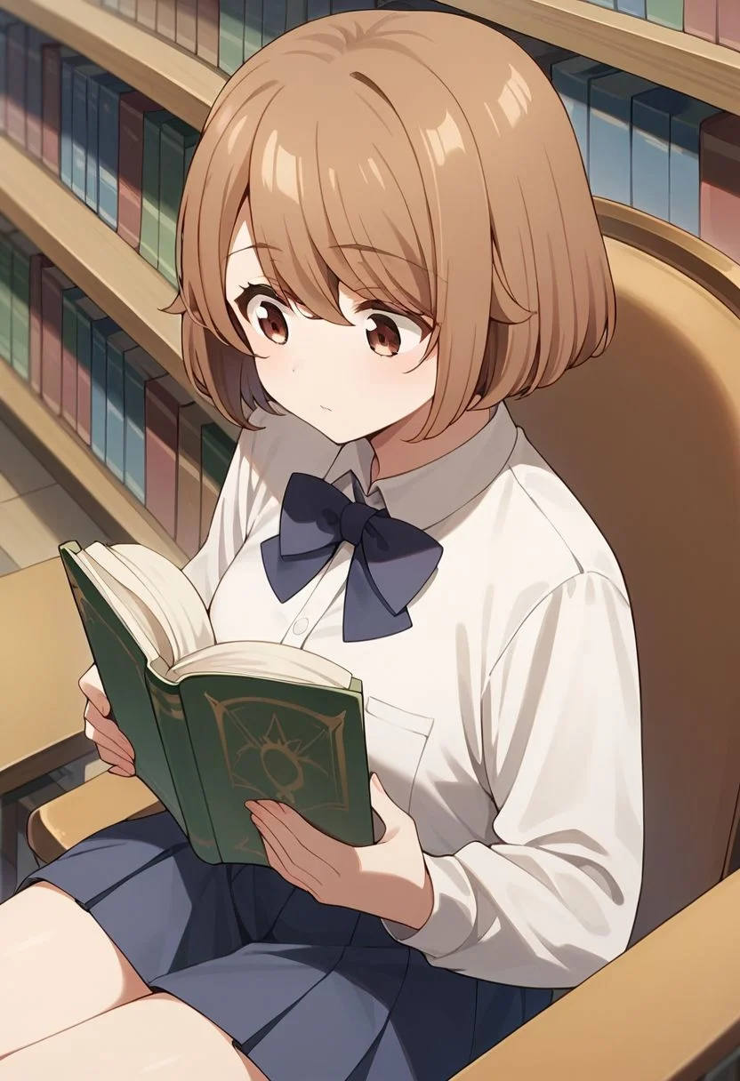score_9, score_8_up, score_7_up,tsumugi tsutsumi, brown hair, short hair, brown eyes, 1girl, sitting in a chair, library, reading a book