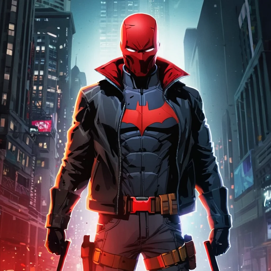 anime artwork of  <lora:Red Hood:1.2>
Red Hood a man in a red helmet is holding a bat in Gotham city universe, anime style, key visual, vibrant, studio anime,  highly detailed