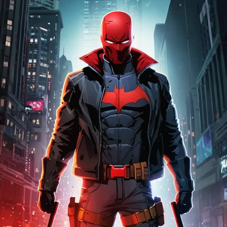 anime artwork of  <lora:Red Hood:1.2>
Red Hood a man in a red helmet is holding a bat in Gotham city universe, anime style, key visual, vibrant, studio anime,  highly detailed