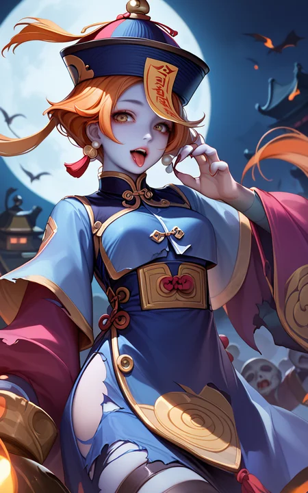 score_9,score_8_up,score_7_up,
<lora:jiangshiPony:1>,
jiangshi,1girl,solo,hat,qing guanmao,long black hair,baby blue skin,ofuda,torn sleeves,long fingernails,zombie pose,looking at viewer,dark background,full moon., jiangshi,1girl,hat,qing guanmao,orange hair,ofuda,long sleeves,open mouth with tongue out,dark cemetery background.