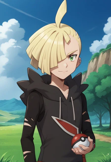 score_9, score_8_up, score_7_up, source_anime, highly detailed,
gladion, 1boy, male focus, solo, blonde hair, outdoors, green eyes, holding, hair over one eye, poke ball,
holding poke ball, day, closed mouth, smile, sky, hoodie, hood, cloud, piercing, ear piercing, torn clothes,
upper body, ahoge, long sleeves, short hair, blue sky, hood down,
outdoor, grass, trees, day,
