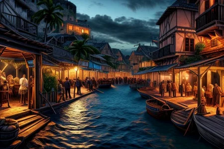 (masterpiece:1.2), (best quality,:1.2), 8k, HDR, ultra detailed, ((photorealistic)), perfect anatomy, professional light, cinematic lighting, fashion photography, ambient lighting, pire, ships, outside a tavern over looking a busy harbor in the caribbean, epiCPhoto