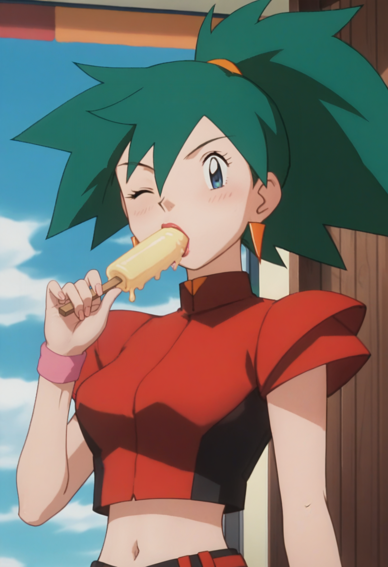 score_9, score_8_up, score_7_up, score_6_up, anime screencap, anime coloring, <lora:PMLiza_epoch_7:0.7>, PMLiza, green hair, blue eyes, orange earrings, bangs, hair between eyes, ponytail, lipstick, breasts,
red crop top, short sleeves, midriff, navel, pink wristband,
popsicle, ((vacuum fellatio)), one eye closed, portrait, looking at viewer, pov,
BREAK, blue sky, day, indoors, window, sunlight,