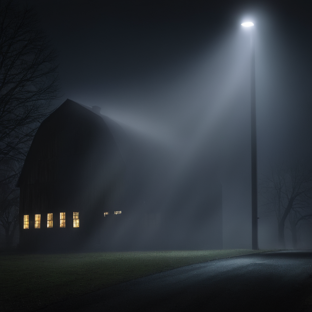 cinematic film still of  <lora:volumetric lighting:1> volumetric lighting style
a barn with a shaft ray light shining out of the window at night,outdoors,sky,tree,no humans,window,night,building,scenery,sign,fence,light,road,dark,house,lamppost , volumetric lighting, haze light, fog light, beam light, shallow depth of field, vignette, highly detailed, high budget, bokeh, cinemascope, moody, epic, gorgeous, film grain, grainy