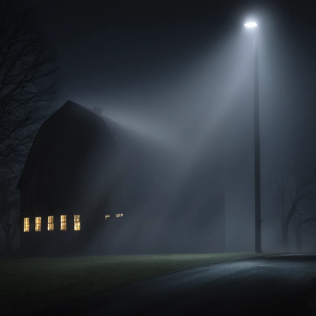 cinematic film still of <lora:volumetric lighting:1> volumetric lighting style
a barn with a shaft ray light shining out of the window at night,outdoors,sky,tree,no humans,window,night,building,scenery,sign,fence,light,road,dark,house,lamppost , volumetric lighting, haze light, fog light, beam light, shallow depth of field, vignette, highly detailed, high budget, bokeh, cinemascope, moody, epic, gorgeous, film grain, grainy