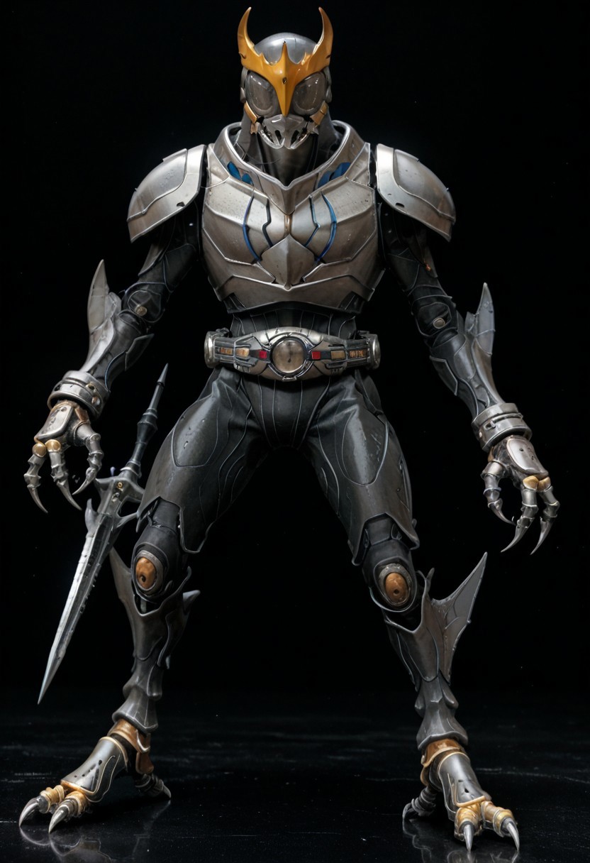 score_9, score_8, score_7, anotherkuuga, full body, solo, Grey armor, black bodysuit, Grey eyes, claw /(weapon/), claw /(weapon/), helmet, tokusatsu, belt